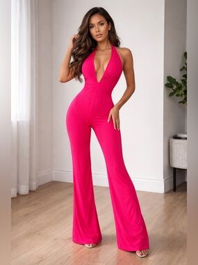 Hot Pink Halter Jumpsuit Y2K Glam Wide Leg Barbiecore Deep V Neck Vacation Party
